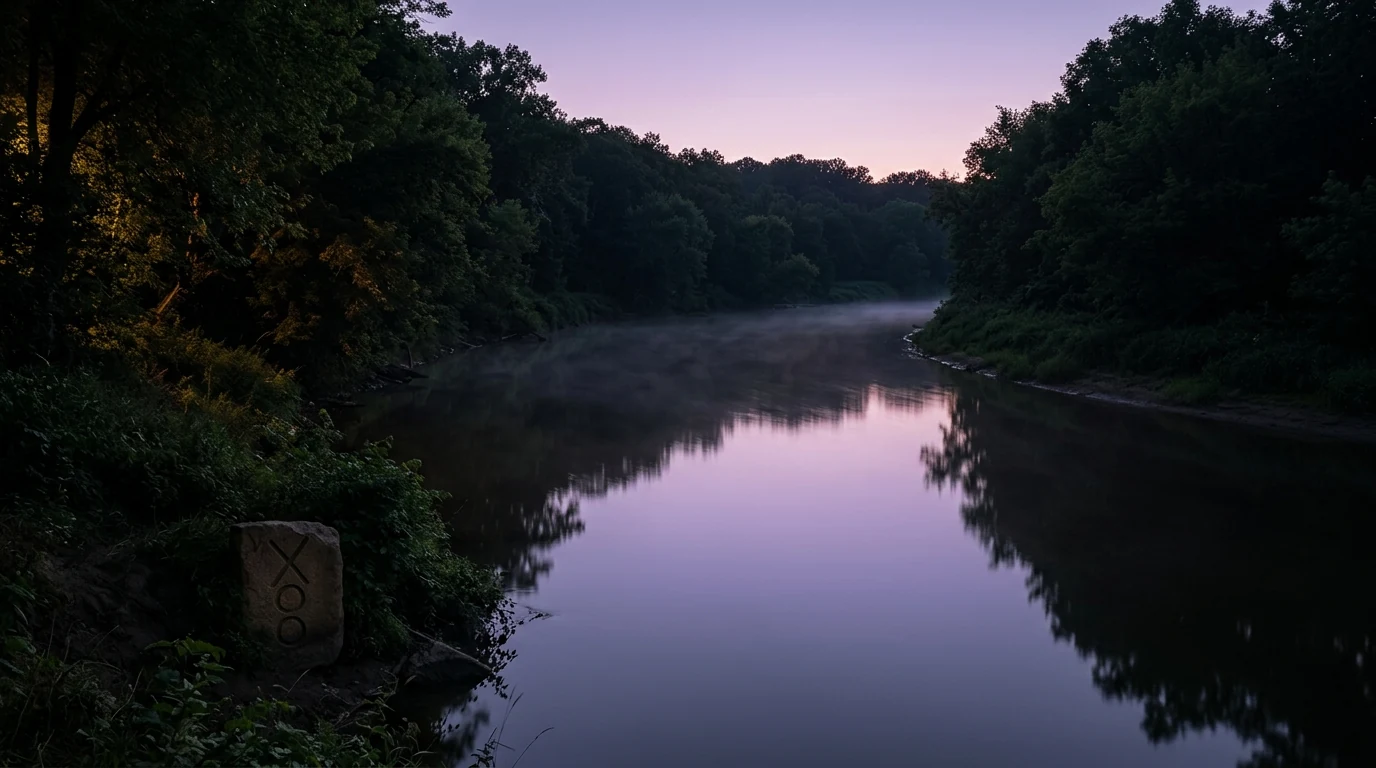 A still river bend at lavender dusk with lush dark summer banks, on hope turning from healing to peace - The Endurant Way